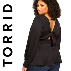 Torrid Black Satin Surplice Tie Cut Out Back Long Sleeve Blouse
